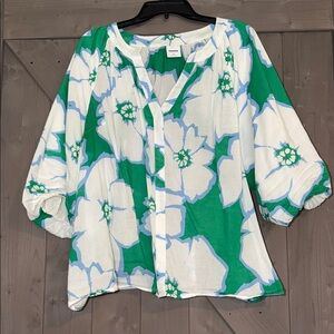 Sonoma White and Green Floral Blouse